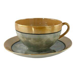 Vintage Japanese Lusterware Tea Cup and Saucer Peach Gray Green and Black Japan